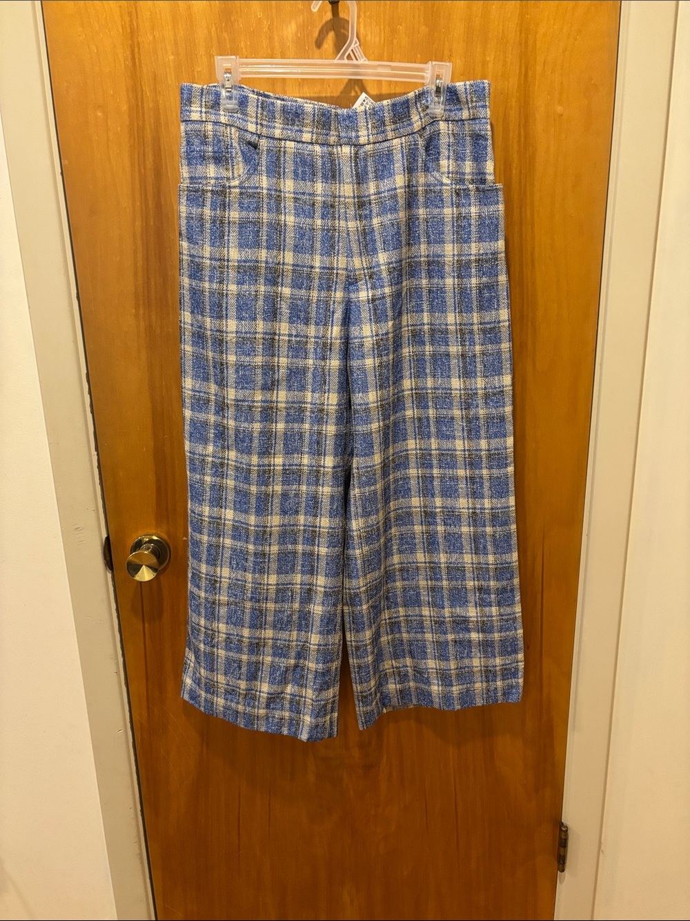 Zara Blue and White Plaid Wide-Leg Pants